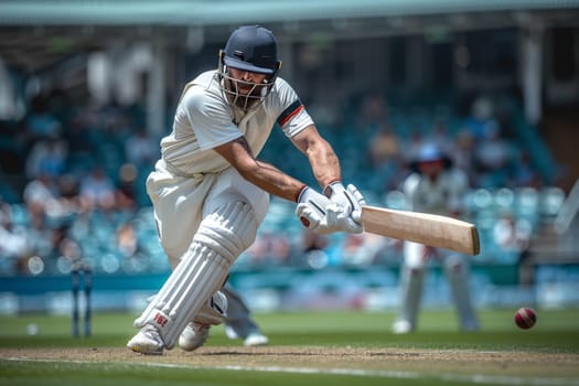 A cricket batsman, wearing white pads and a helmet, swings his bat to defend his wicket against a fast bowler in a sunny afternoon match. The batsman is focused and determined, his eyes fixed on the ball as he prepares to strike. The blurred background highlights the fast-paced nature of the game.