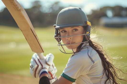 A young woman wearing a cricket helmet and protective gear stands on the field with a bat in hand, her gaze focused and determined. The sunlight shines on her face as she prepares to strike the ball, capturing the intensity of the moment. The background features a lush green field and a blurred cityscape in the distance, creating a sense of the location and the excitement of the game.