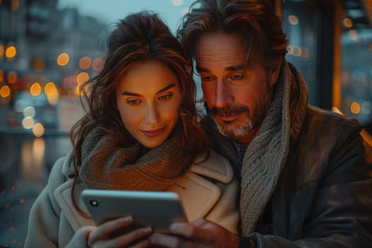 A couple, likely in their 30s or 40s, walks through a city at night. The woman is wearing a warm winter coat, and the man is bundled up in a jacket and scarf. The couple is sharing a tablet, their faces illuminated by the screens glow. The background is a blur of city lights, hinting at a bustling metropolis.