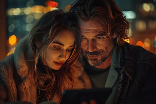 A couple, a man and a woman, are captured in a close-up shot. The man has his arm around the woman, and they are both looking down at a device, possibly a phone or a tablet. The image is shot in the evening, with warm city lights blurring out in the background. The couples closeness and the glow of the technology highlight a shared moment of intimacy and connection.