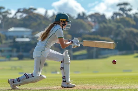 A young female high school cricket player swings her bat with determination, her face focused on the ball as it flies through the air. The game is played on a grassy field under a bright, sunny sky, showcasing the energy and dedication of youth sports.