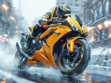 A person is riding a yellow motorcycle through the bustling city streets. The bright color of the moto stands out against the urban backdrop as the rider speeds along.