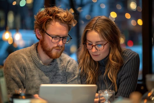 A couple, dressed warmly in sweaters, are engrossed in a laptop, sharing a moment of connection amidst the soft glow of a cafe. They are seated near a window, with the city lights twinkling beyond. The image captures a sense of intimacy and shared interest, suggesting a relaxed and playful evening together.