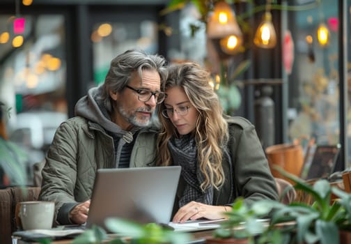 A man and woman in their thirties, dressed casually, are seated together at a cafe table. They are both wearing glasses and are looking at a laptop screen. The woman has her hand on the table, while the mans hand is on the keyboard. There are plants and warm lights in the background, suggesting a cozy and intimate setting.
