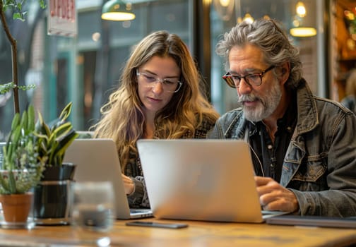 A couple in their thirties, both wearing glasses, sit together at a table in a cafe, engrossed in their laptops. The woman sits on the left, her blonde hair cascading over her shoulders, her eyes focused on the screen in front of her. The man sits beside her, his salt-and-pepper beard framing his face, his gaze fixed on his own laptop. The cafes warm, inviting atmosphere, with its wooden tables and potted plants, provides a backdrop for their shared moment of digital engagement.