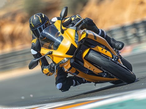 A daring individual races a vibrant yellow Yamaha motorcycle on a sleek race track, pushing the limits of speed and precision. The roar of the engine reverberates through the air as they navigate sharp turns and straightaways with expertise.