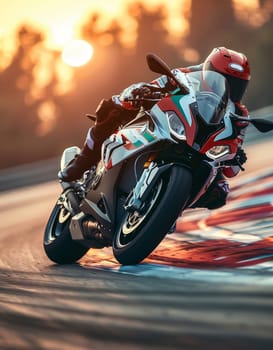 A daring individual is riding a powerful motorcycle on a race track, leaning into sharp turns and accelerating down straightaways. The bikes tires grip the asphalt as the rider effortlessly navigates the twists and turns of the track, showcasing skill and precision in every movement.