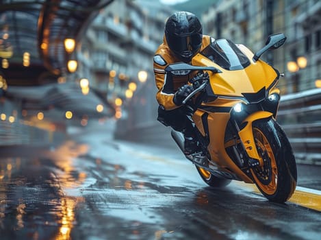 A man in a black motorcycle gear skillfully maneuvers a vibrant yellow motorcycle down a rain-soaked urban street, creating a visually captivating scene with the reflection of lights glistening on the wet pavement.