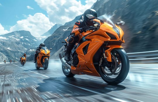 Two vibrant orange motorcycles speedily navigate the winding roads of a mountain, a thrilling display of motor-driven adrenaline against a backdrop of picturesque scenery.