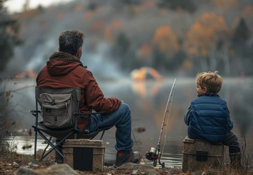 A man and a boy peacefully fishing together on a calm lake, surrounded by the beauty of nature. The man patiently teaches the boy how to cast and reel in their lines, creating a heartwarming moment of bonding and learning.