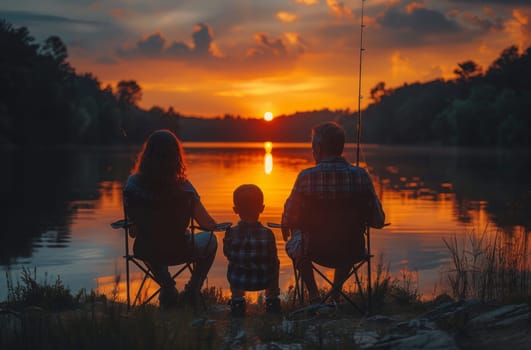 A family consisting of a father, mother, and children sitting on rustic chairs, gazing out at the breathtaking sunset over a calm body of water. The scene exudes peace, togetherness, and appreciation for natures beauty.