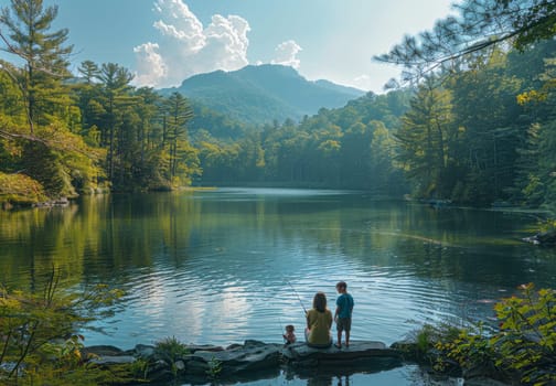 A family consisting of parents and children stand together on a large rock jutting out into a peaceful lake. The calm water glistens under the sunlight as they enjoy the beauty of nature.
