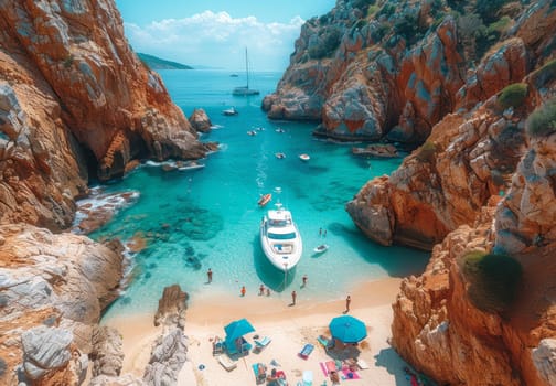 A tranquil beach with golden sands meeting crystal clear waters, where a colorful boat gently floats near the shore under a clear blue sky.