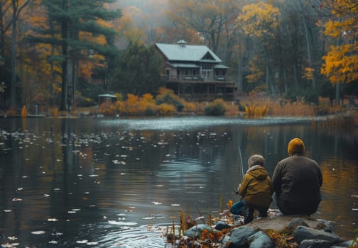 A couple of people are peacefully seated on a rock by the tranquil body of water, enjoying the beauty of nature and soaking in the ambiance of serenity and calmness.