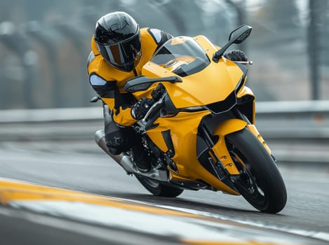 A person skillfully rides a vibrant yellow motorcycle, racing around a track with precision and speed. The bright color of the motorcycle stands out against the tracks backdrop, showcasing a captivating display of moto racing in action.