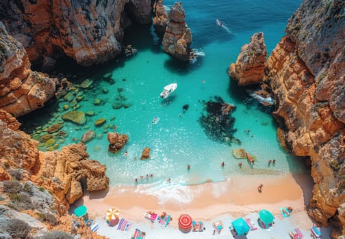 A vibrant scene unfolds upon the sandy shores of the Algarve, with sunbathers basking in the warm glow of the sun as waves crash gently along the coastline. People frolic in the crystal-clear waters, while others stroll leisurely along the beach, creating a picturesque display of coastal bliss.