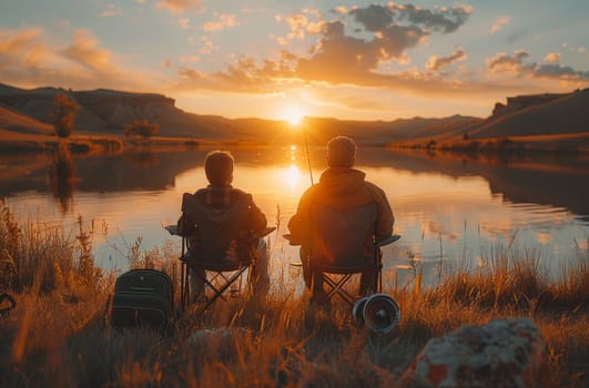 A couple of people, a father and son, are sitting in chairs near a calm body of water, enjoying a peaceful day of fishing together. The setting is tranquil and serene, with nature all around them.