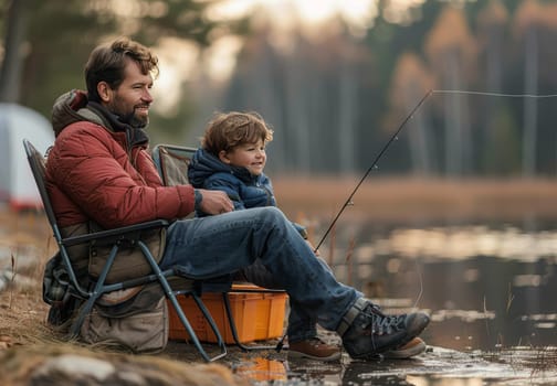 A man and his young son sit peacefully by the serene lake, their fishing lines cast into the water. The father patiently guides his son, sharing this bonding experience in the heart of nature.