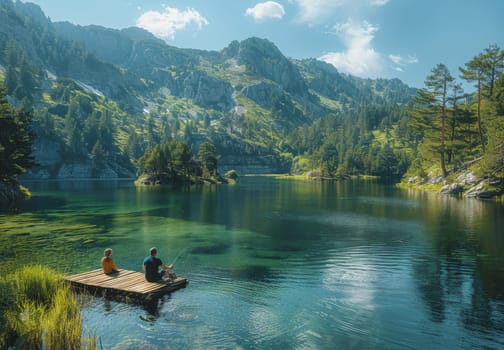 A man and woman sit peacefully on a wooden dock in the center of a serene lake, surrounded by the beauty of nature, enjoying a moment of tranquility together.
