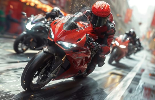 A dynamic group of motorsport enthusiasts are seen riding sleek sportsbikes down a street, leaning into sharp turns as they engage in an exhilarating display of moto racing prowess. The sound of engines revving fills the air as they speed ahead with adrenaline-fueled precision.