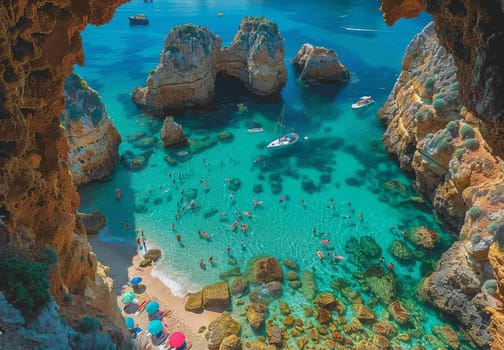 A diverse group of individuals joyfully splashing and swimming in the crystal blue waters of a peaceful cove on the Algarve coast of Portugal.