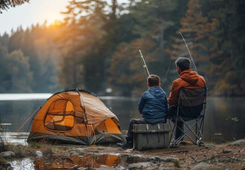 A father and son enjoy a peaceful fishing trip by the lake, sitting next to their colorful tent under the clear blue sky. The duo bask in the beauty of nature, bonding over their shared love for fishing.