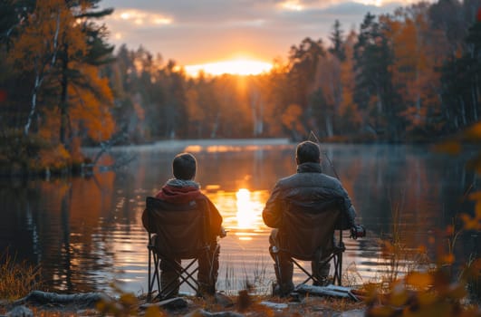 Two individuals, a father and son, sit in chairs by a peaceful lake as the sun sets. They enjoy the serene moment while fishing and taking in the beauty of nature.