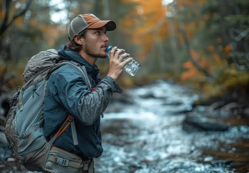 A young man, wearing a backpack and a baseball cap, takes a moment to drink water from a bottle while hiking along a rocky riverbed in a lush forest. The stream glistens in the sunlight, and the trees create a beautiful backdrop of autumn colors.