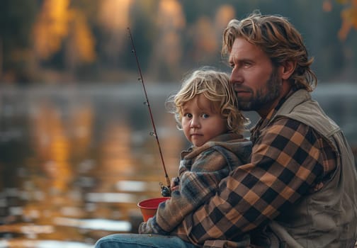 A man and a child, likely father and son, are peacefully fishing on a calm lake. They are sitting on a wooden dock, engrossed in the process of catching fish.