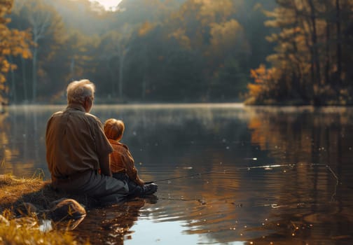 A man and two children are peacefully fishing on a serene lake, surrounded by the beauty of nature. The man patiently teaches the children, fostering a bond through the art of fishing.