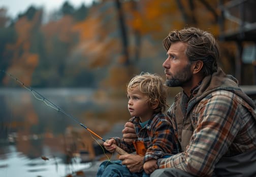 A father and his son are peacefully fishing on a serene lake. The man is patiently teaching the child how to cast their fishing line, as they bond over shared moments of joy and connection.