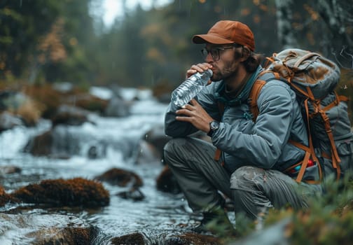 A man, wearing a backpack and a cap, takes a moment to quench his thirst with water from a bottle while resting on the bank of a rushing stream in a wooded area. The light filters through the trees, casting a dappled pattern on the surrounding rocks and foliage.