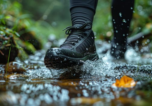 A hikers foot clad in black running shoes steps into a shallow forest stream, sending up a spray of water. The image focuses on the lower half of the hikers leg and the shoe, which is about to touch the water. The lush green foliage and rocks surrounding the stream create a sense of tranquility and adventure.