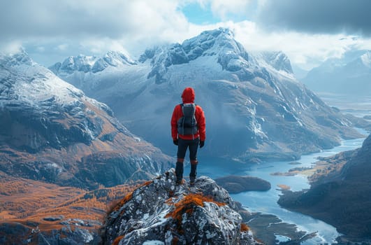 A lone hiker, clad in a vibrant red jacket, stands atop a rocky summit. The majestic snow-capped mountains stretch out before them, a vast expanse of wilderness. A serene blue lake winds through the valley below, reflecting the clear sky above. The image captures a moment of quiet contemplation and achievement, a testament to the hikers journey and the awe-inspiring beauty of the natural world.
