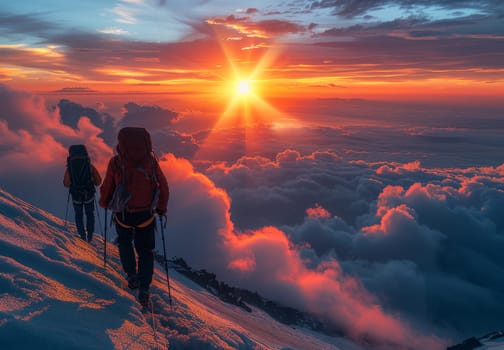 This breathtaking image captures the moment of a sunrise atop a mountain peak, where two hikers ascend towards the golden glow. The silhouette of the climbers against the vibrant sky and fluffy clouds creates a sense of awe and inspires a feeling of adventure and triumph. The scenery is truly captivating, with the sun casting a warm light over the expansive landscape, highlighting the majestic beauty of nature.