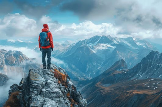 A lone hiker stands triumphantly atop a mountain peak, a red jacket a vibrant splash against the stark beauty of the snow-capped peaks and vast expanse of clouds below. The hikers silhouette against the sky tells a story of perseverance and determination, capturing the essence of the mountain climbing experience.