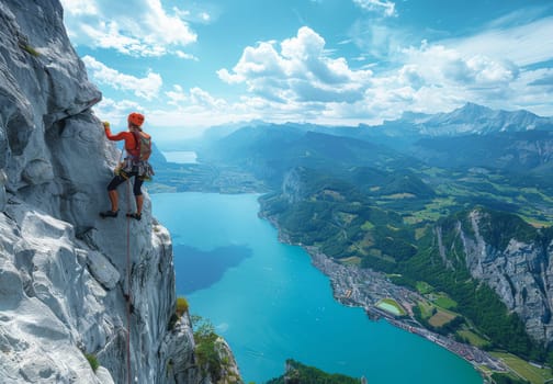 A woman wearing a helmet and a bright orange jacket confidently scales a sheer rock face. Shes secured with a rope, and below her lies a breathtaking vista of a turquoise lake nestled within a valley, surrounded by verdant mountains. The sunny day and clear blue sky create a sense of exhilarating adventure.