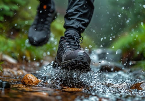 A closeup photo of a climbers foot splashing through a mountain stream. The hikers black running shoe is submerged in the water, creating a spray of water droplets. The photo captures the energy and excitement of mountain climbing.