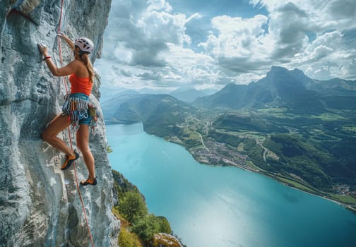 A lone female rock climber ascends a sheer cliff face, her focus unwavering as she conquers the challenge. The breathtaking panorama of the Alps unfolds below, featuring a sprawling valley, a shimmering turquoise lake, and distant mountain peaks. The image captures the raw beauty of nature and the human spirits boundless potential.