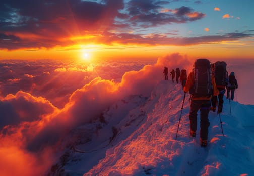 A group of hikers are silhouetted against a fiery orange sunrise as they ascend a snow-covered mountain peak. The scene is breathtaking, with the sun peeking through fluffy clouds that cast a warm glow on the landscape. The hikers are dwarfed by the vastness of the mountains, highlighting the human spirits ambition to conquer natures challenges.