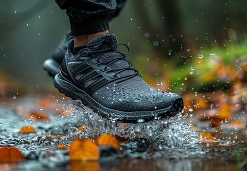 A close-up photo of a persons foot wearing black running shoes as they splash through a forest stream. The shoes are wet from the water, and the surrounding foliage is blurred in the background. The image captures the feeling of freedom and adventure that comes with running in nature.