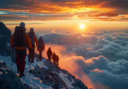 A group of hikers, silhouetted against a vibrant sunrise, ascend a snow-capped mountain peak. The hikers are equipped with backpacks and trekking poles, making their way up the rocky terrain. The scene is bathed in the warm glow of the rising sun, casting a golden light on the clouds below.