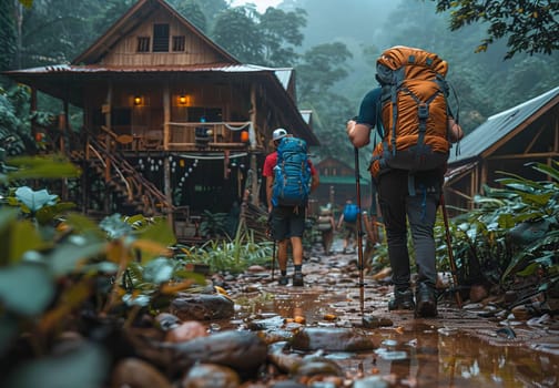 Two hikers are walking through a lush jungle in Southeast Asia on a rainy day. The trail is muddy and rocky, and there is a small wooden hut in the background. The hikers are carrying backpacks and trekking poles. The atmosphere is peaceful and serene.