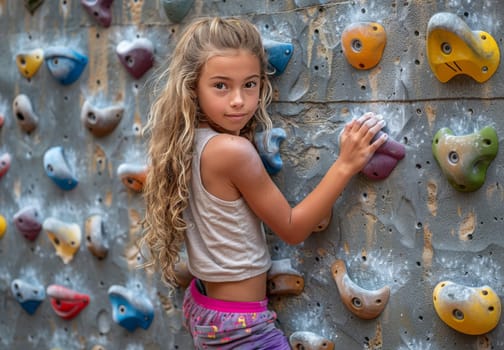 A young girl with long blonde hair is climbing an indoor rock wall. She is wearing a white tank top and colorful shorts. The wall is made of concrete and has many different colored holds. The girl looks determined as she reaches for the next hold.