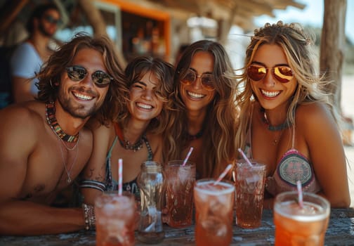 A group of friends joyfully gather around a table on the beach, raising drinks and sharing laughter under the sunny sky. The sea serves as the backdrop to this heartwarming scene.