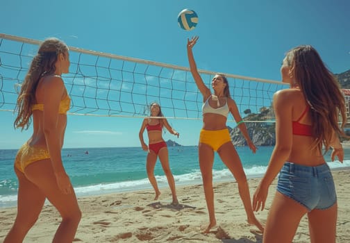 A group of young women engage in an intense game of volleyball on a picturesque beach, their synchronized movements and competitive spirit adding energy to the sunny scene.