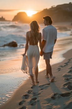 A man and a woman, a young couple in love, walk along the sandy beach at sunset. They hold hands, gazing out at the vast ocean as the golden sun dips below the horizon.