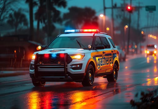 A police car with flashing lights drives through a rainy city street at night. The cars headlights pierce the darkness, and the reflections of the red and blue lights illuminate the wet pavement.