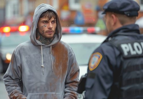 A young man in a grey hoodie, with tattoos on his face and neck, is being led away by a police officer in a dark uniform. The man looks down as he walks, while the officer seems to be looking straight ahead. There is a blurred police car in the background and a street with houses visible.