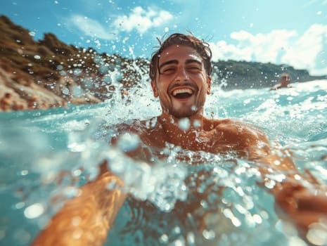 A man with a cheerful expression on his face, swimming gracefully in the vast ocean, under the bright sun. The water glistens around him as he enjoys the refreshing embrace of the sea.